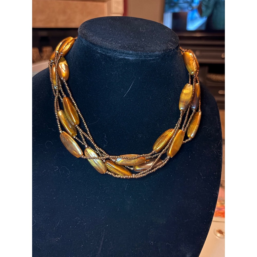 Brown Amber Swirl Long Seed Bronze Multi Strand Beaded Statement Necklace Boho